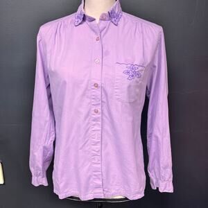 vintage women's lilac pastel purple embroidered long sleeve button up blouse sm